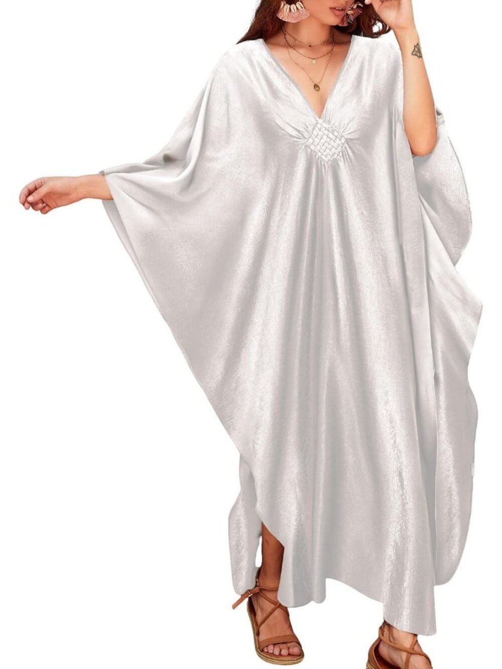 Women's Plus Size White Kaftan Maxi Dress V Neck Batwing Swimsuit Cover Up